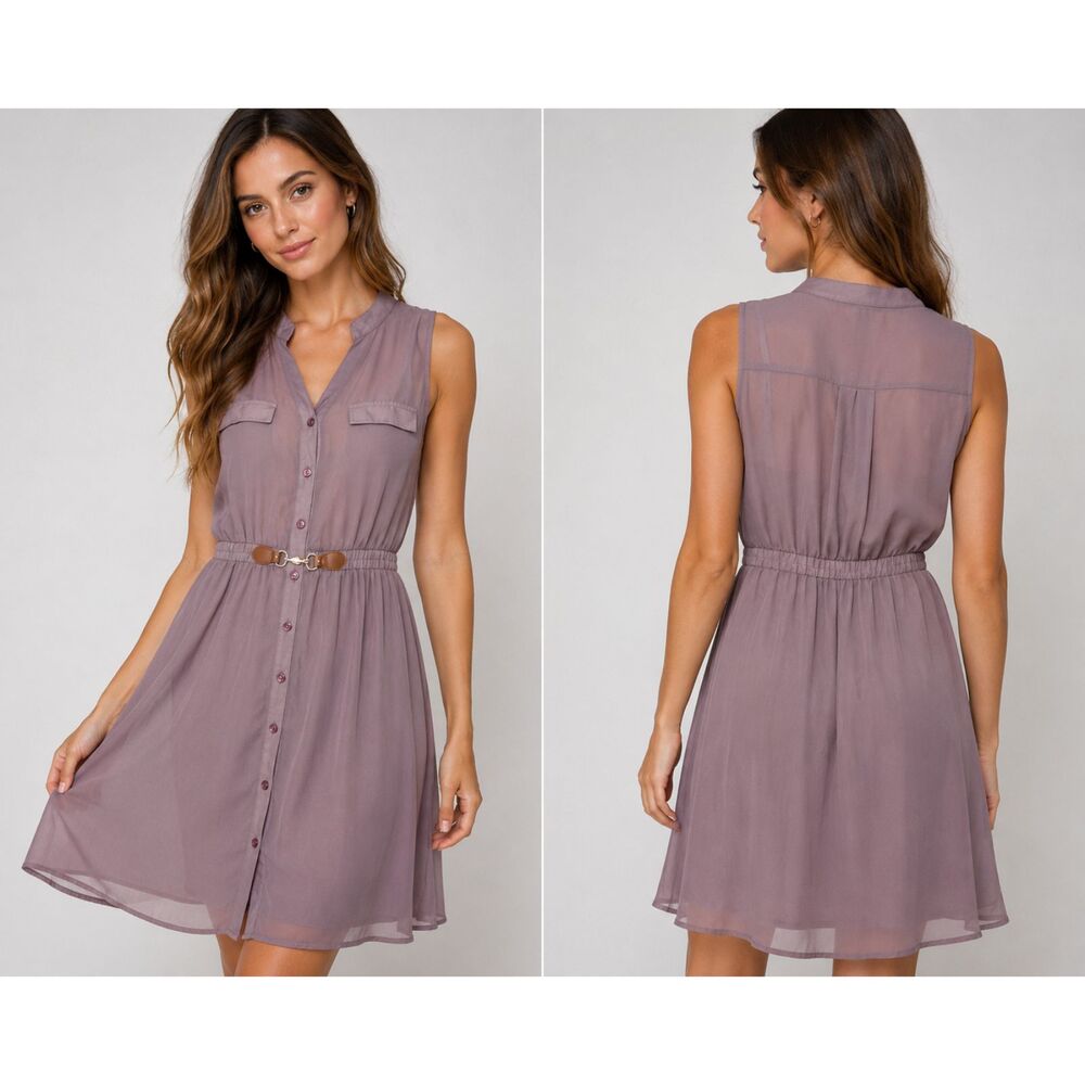 R N B Women’s Dress M Purple Sheer Chiffon Sleeveless Button Front Belted